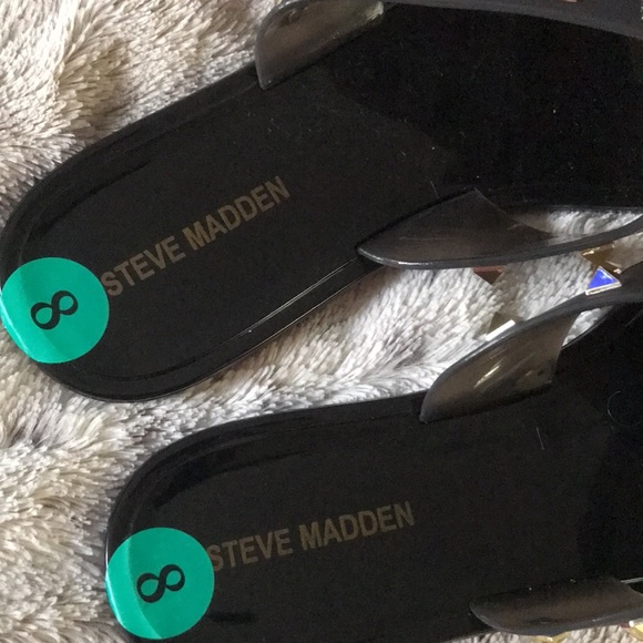 black & Gold pyramid spike cross strap sandals 8 sheer jelly Steve Madden NEW - Picture 6 of 7